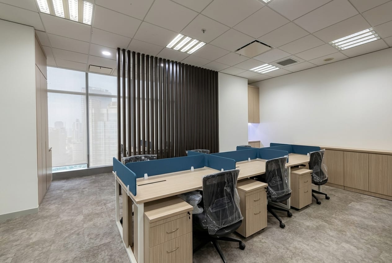 Minimalist modern office work area with city view — Monty Mobile