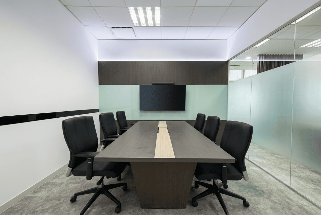 Modern meeting room boardroom design — dark wood panels and glass walls, Monty Mobile