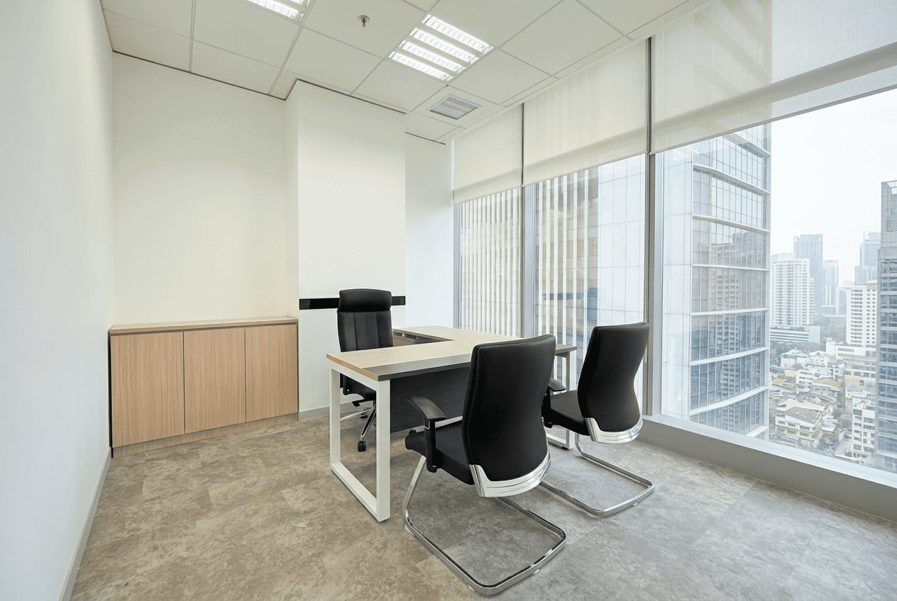 Modern minimalist director's office with city view — Monty Mobile